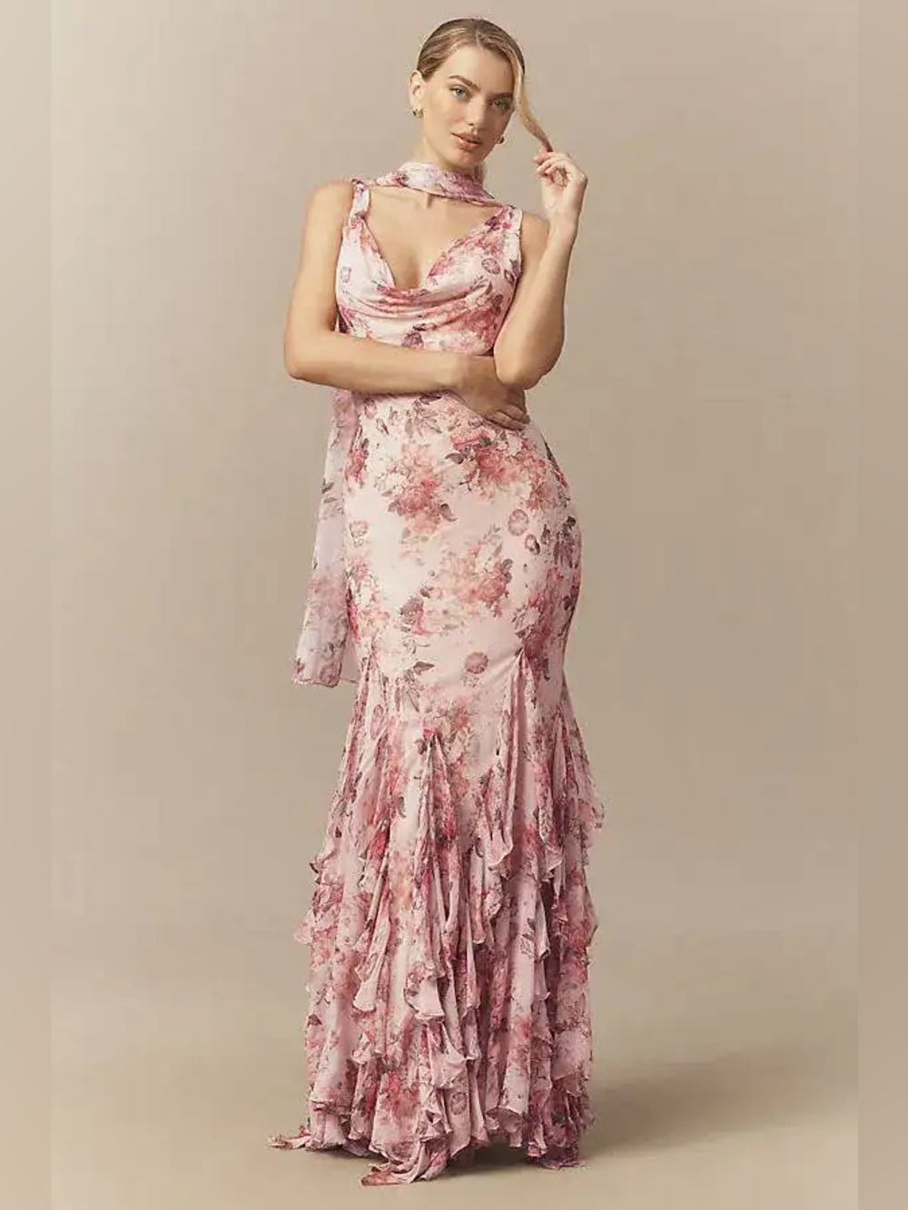Anthropologie BHLDN Lauren Mermaid Ruffle Chiffon Maxi Dress NWT Maxi Pink Blush